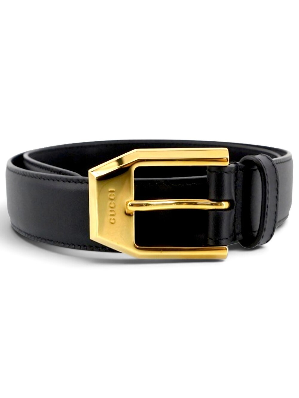 Gucci Black Leather Belt with Gold-Tone Angular Buckle Unisex Full Set